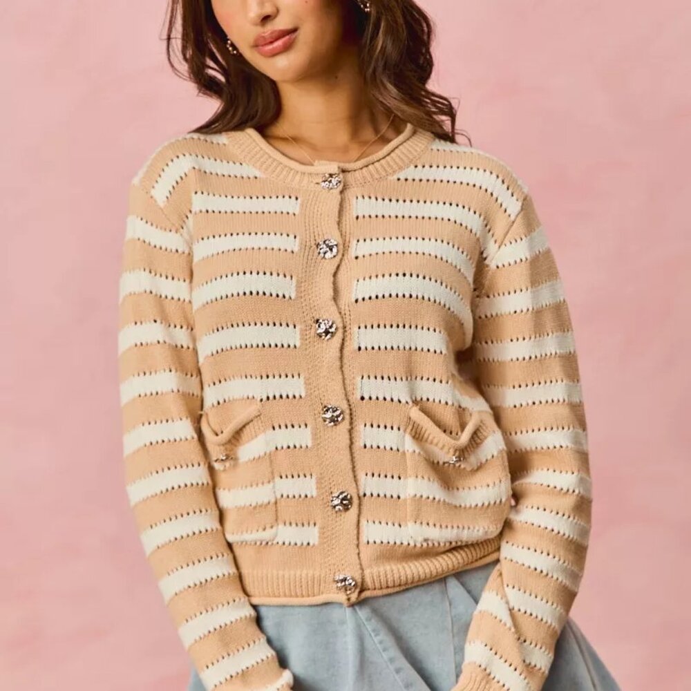SO ME Stripe Long Sleeves Button‎ Sweater Cardigan